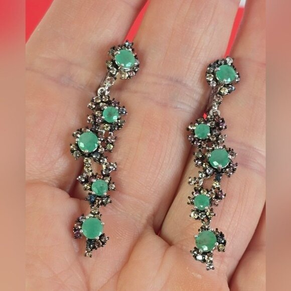 925 Sterling Silver Earrings 4.5cm with Natural Emerald 4mm & Sapphire Gemstone. - Picture 6 of 10